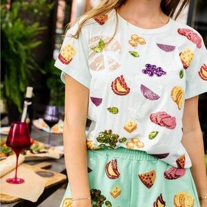 QUEEN OF SPARKLES Sequin charcuterie Tee - mint embroidered sequins